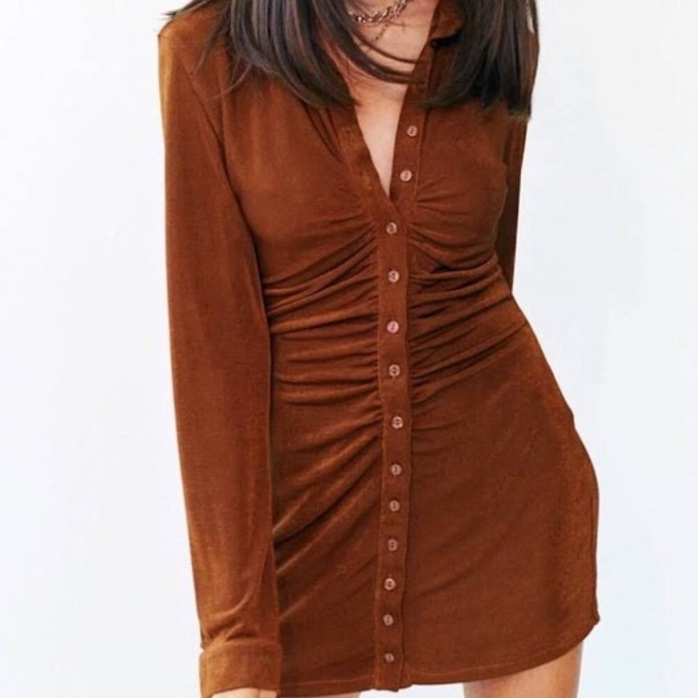 With Jean Andy Long Sleeve Button Front Ruched Mini Dress